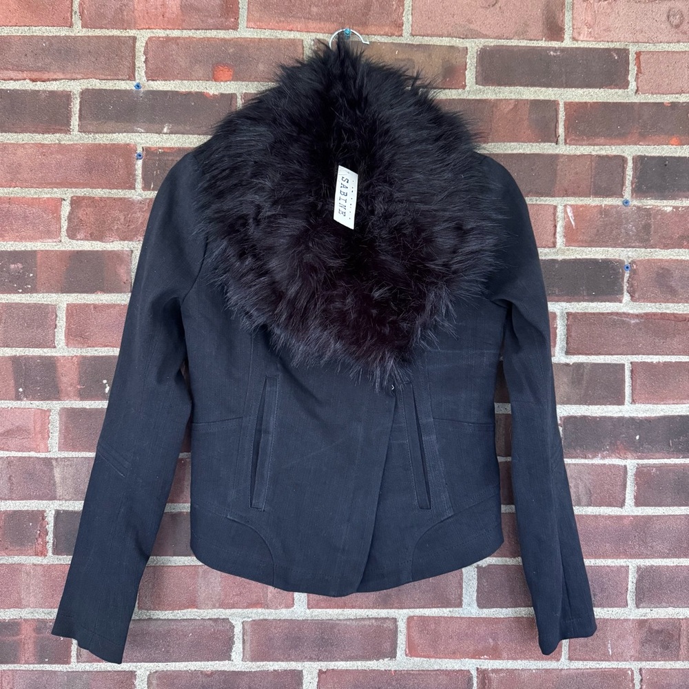 Sabine Cropped Jacket Diagonal Zipper Faux Fur Collar Women’s XS Regular NEW